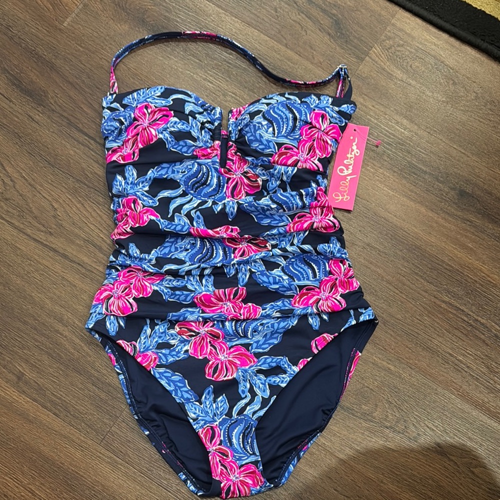 Lilly Pulitzer Pink and Blue One Piece Swimsuit with Sweetheart Neckline